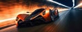 Speeding Through the Light: Futuristic Sport racing car at high speed riding in illuminated road tunnel. Generative AI Royalty Free Stock Photo