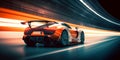 Speeding Through the Light: Futuristic Sport racing car at high speed riding in illuminated road tunnel. Generative AI Royalty Free Stock Photo