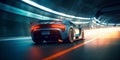 Speeding Through the Light: Futuristic Sport racing car at high speed riding in illuminated road tunnel. Generative AI Royalty Free Stock Photo