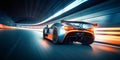 Speeding Through the Light: Futuristic Sport racing car at high speed riding in illuminated road tunnel. Generative AI Royalty Free Stock Photo