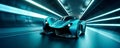Speeding Through the Light: Futuristic Sport racing car at high speed riding in illuminated road tunnel. Generative AI Royalty Free Stock Photo