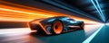 Speeding Through the Light: Futuristic Sport racing car at high speed riding in illuminated road tunnel. Generative AI Royalty Free Stock Photo