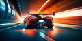Speeding Through the Light: Futuristic Sport racing car at high speed riding in illuminated road tunnel. Generative AI Royalty Free Stock Photo