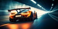 Speeding Through the Light: Futuristic Sport racing car at high speed riding in illuminated road tunnel. Generative AI Royalty Free Stock Photo