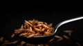 Spoonful of mealworms, edible snack insects isolated on black background. Mealworm larvae as food. Fried roasted worms. Animal
