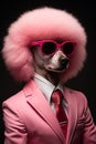 Stylish Poodle in Pink Suit and Afro Wig with Sunglasses, Representing Fashion Forward Canine Elegance and Quirky Animal