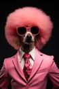 Stylish Poodle in Pink Suit and Afro Wig with Sunglasses, Representing Fashion Forward Canine Elegance and Quirky Animal