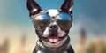 Summer Vibes Smiling Boston Terrier Dog in Sunglasses Striking a Pose on the Sandy Beach. Generative AI Royalty Free Stock Photo