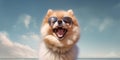 Sunny Side Up Adorable Pomeranian Dog in Sunglasses with a Funny Face Beach Poser. Generative AI