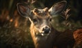sunset close up photo of fallow deer Dama dama on blurry forest background. Generative AI