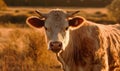 sunset close up photo of heifer bovine in its natural habitat. Generative AI