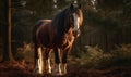 sunset photo of Clydesdale heavy draft-horse breed on forest background during golden hour. Generative AI