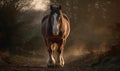 sunset photo of Clydesdale heavy draft-horse breed on forest path during golden hour. Generative AI