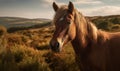 sunset photo of Dartmoor breed of pony in its natural habitat. Generative AI
