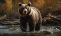 sunset photo of grizzly bear standing in water with forest background. Generative AI