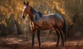 sunset photo of Hackney show horse standing in an Autumn forest. Generative AI Royalty Free Stock Photo