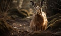 sunset photo of Hare genus Lepus sitting on forest path. Generative AI