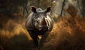 sunset photo of Indian rhinoceros between tall grass. Generative AI