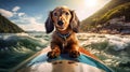 Surfing in Style Funny Smiling Dachshund Catches Waves on a Sunny Day - Generative AI Royalty Free Stock Photo