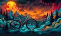 Surreal digital artwork of a stylized bicycle integrated into a vibrant, flowing landscape with mountains, trees, and a