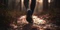 Trail runner running on forest path at dawn with abstract bokeh light. Generative AI Royalty Free Stock Photo