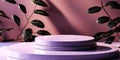 Two layer glossy lilac purple round podium on table counter in dappled sunlight leaf shadow on minimal matte lavender purple wall