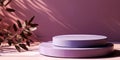 Two layer glossy lilac purple round podium on table counter in dappled sunlight leaf shadow on minimal matte lavender purple wall