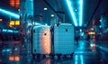 Two Modern Suitcases in a Futuristic Airport Terminal at Night Ready for an Adventure or Business Travel