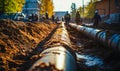 Underground water pipeline installation in trench, infrastructure development for urban water supply system, civil Royalty Free Stock Photo