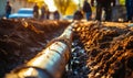 Underground water pipeline installation in trench, infrastructure development for urban water supply system, civil Royalty Free Stock Photo