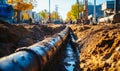 Underground water pipeline installation in trench, infrastructure development for urban water supply system, civil Royalty Free Stock Photo