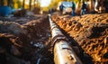 Underground water pipeline installation in trench, infrastructure development for urban water supply system, civil Royalty Free Stock Photo