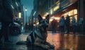 Urban Protector Photo of guide dog majestic German Shepherd standing alert in front of bustling city street. setting emphasizes