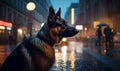 Urban Protector Photo of guide dog majestic German Shepherd standing alert in front of bustling city street. setting emphasizes