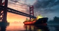 Urban Trade Route Cargo Ship Passing Under a City Bridge