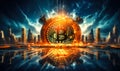 Vibrant Bitcoin symbol rising from a futuristic cityscape, representing the surge of cryptocurrency in digital economy and