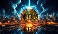 Vibrant Bitcoin symbol rising from a futuristic cityscape, representing the surge of cryptocurrency in digital economy and