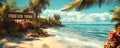 Vibrant FOREVER YOUNG sign on a tropical beach, evoking a sense of endless summer, vitality, and the timeless spirit of