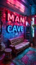 Vibrant neon sign spelling MAN CAVE on a brick wall backdrop enveloped in a mystical blue and red smoke, symbolizing a Royalty Free Stock Photo