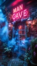 Vibrant neon sign spelling MAN CAVE on a brick wall backdrop enveloped in a mystical blue and red smoke, symbolizing a Royalty Free Stock Photo