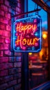 Vibrant neon sign with the words Happy Hour and colorful symbols, lighting up a brick wall, inviting to discounted leisure Royalty Free Stock Photo