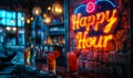 Vibrant neon sign with the words Happy Hour and colorful symbols, lighting up a brick wall, inviting to discounted leisure Royalty Free Stock Photo