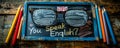 Vintage chalkboard with Do You Speak English? question, British flag, and pencils on rustic wooden backdrop, representing Royalty Free Stock Photo