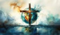 Watercolor painting of Earth cradled by a Christian cross, representing global faith, spirituality, world religions, and the