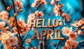 Welcome Spring Concept with HELLO APRIL Text Overlay on Blooming Cherry Blossoms and Soft Blue Sky Background Royalty Free Stock Photo