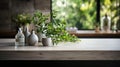 White bathroom interior. Empty wooden table top for product display with blurred bathroom interior background Royalty Free Stock Photo