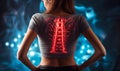 Woman in casual clothes suffering from chronic lower back pain, highlighted area showing lumbar spine and intestines, concept Royalty Free Stock Photo