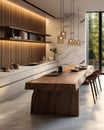 Wood marble island dining table sink pendant light in beige kitchen counter cabinet cupboard polished cement floor wood panel wall