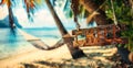 Wooden CHILL sign hanging on a hammock between palm trees on a tropical beach with a serene ocean view, epitomizing