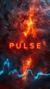 The word PULSE glowing in fiery red on a dark, textured surface with blue electrocardiogram waves, illustrating the concept